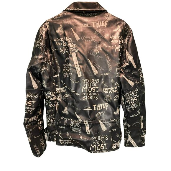 Rare ZARA Womens XL Black Faux Leather Graphic Graffiti Biker Jacket with Zipper - Picture 7 of 11